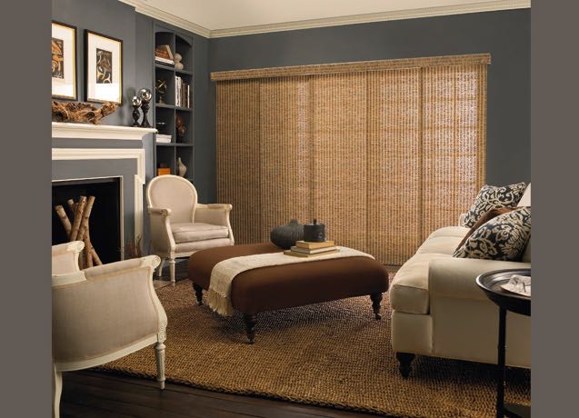 San Diego Family room with navy walls and beige sliding panel tracks.